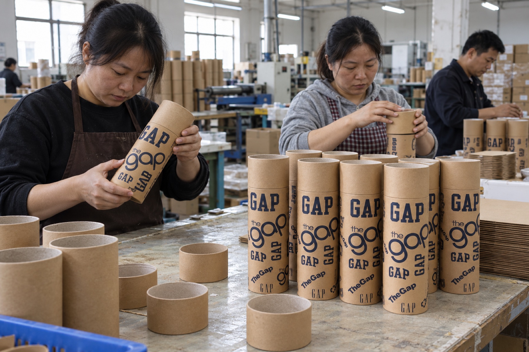 Retouched real workshop photograph of dark-blue printed cylindrical kraft packaging being assembled