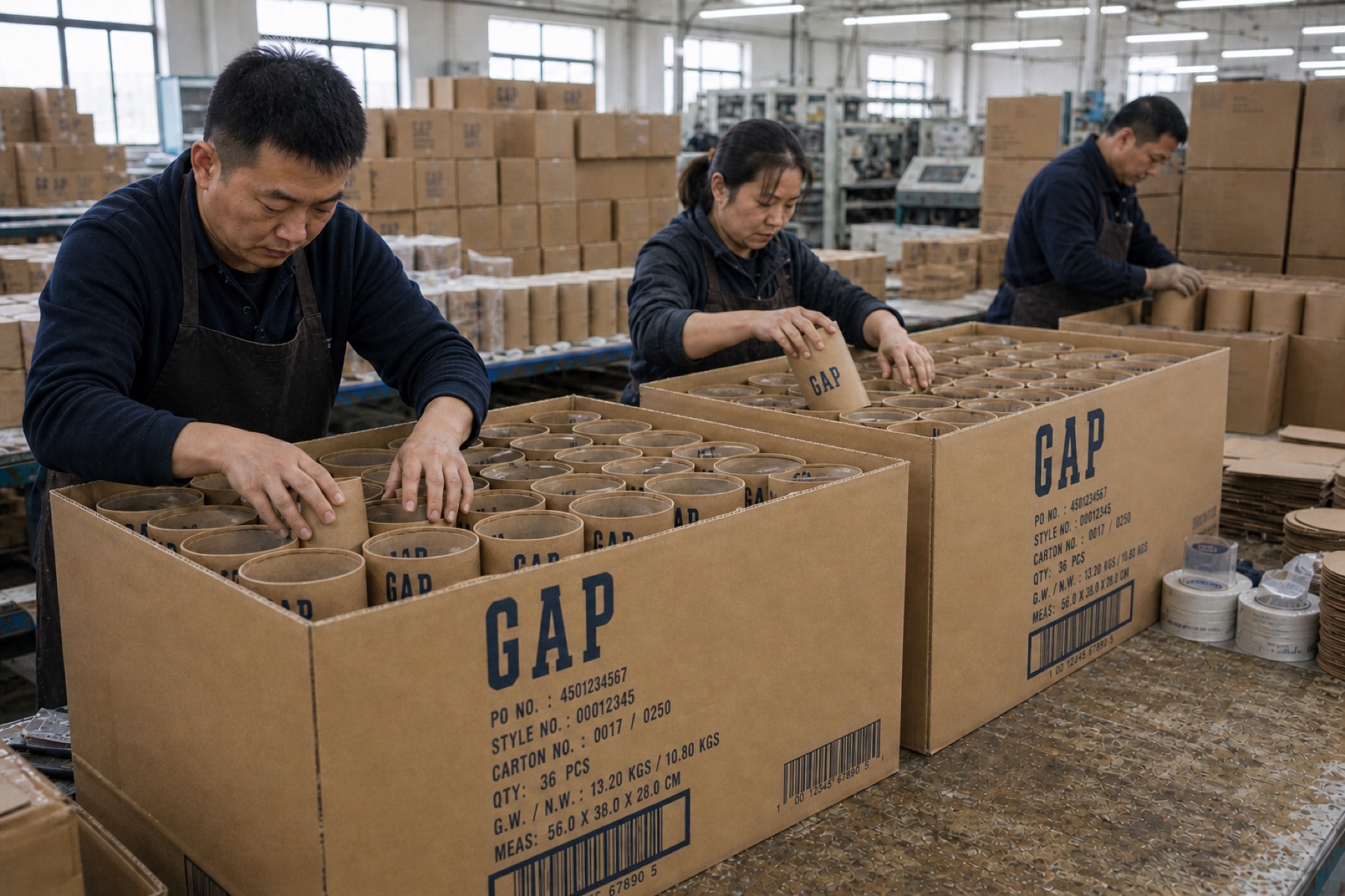 Retouched real workshop photograph showing protective packing of cylindrical kraft tubes