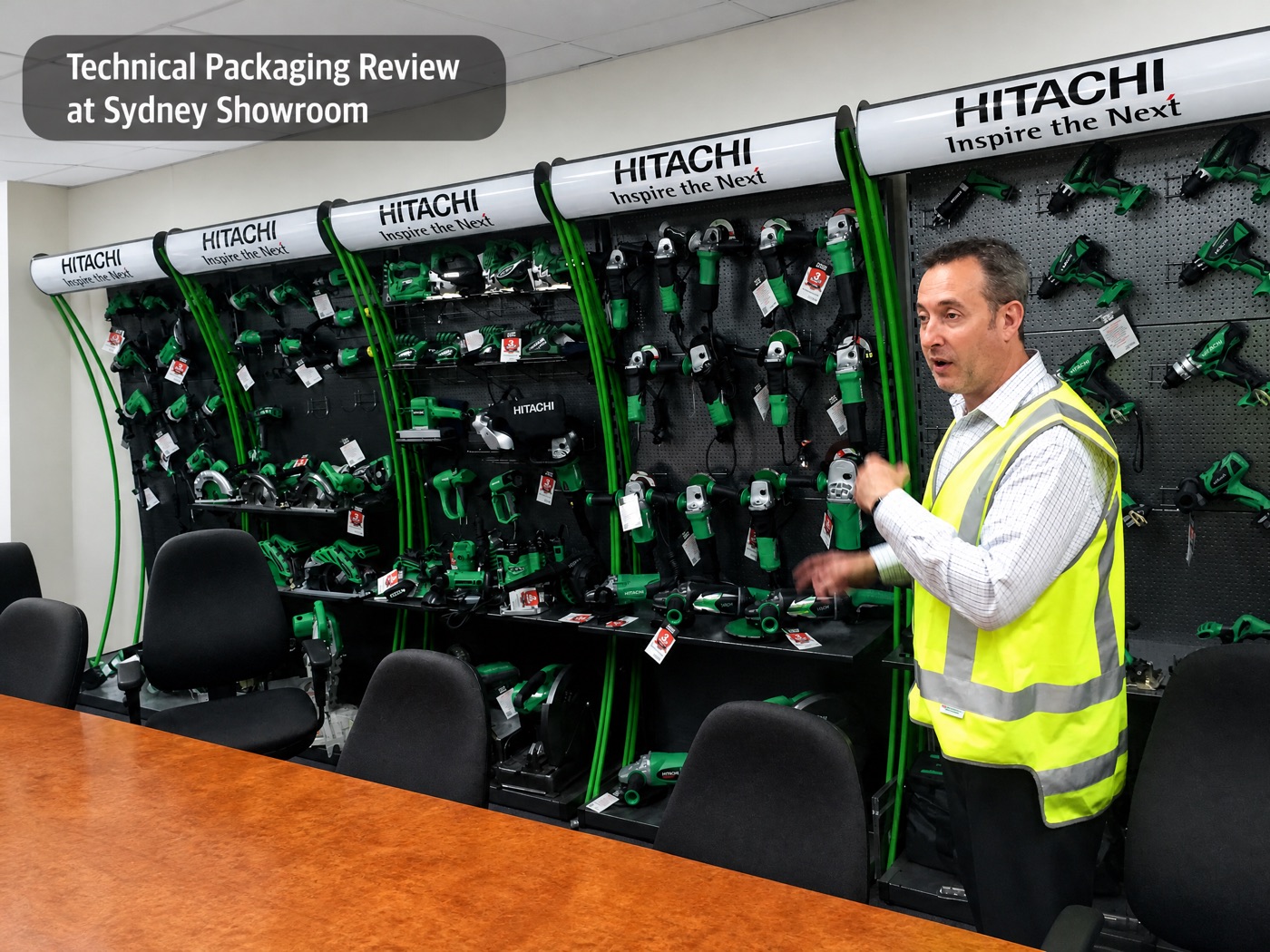 Technical packaging discussion in the Hitachi Australia Sydney showroom