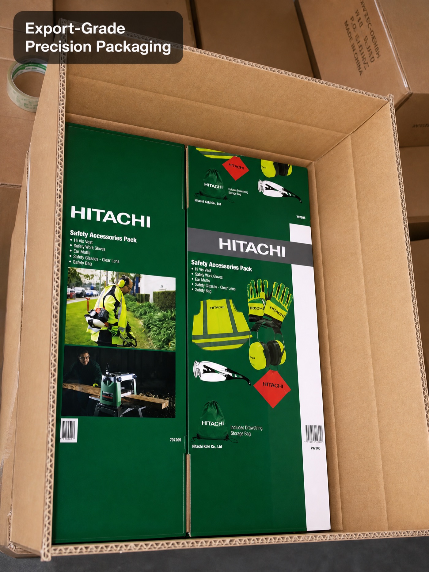 Green Hitachi retail packs arranged inside an export master carton