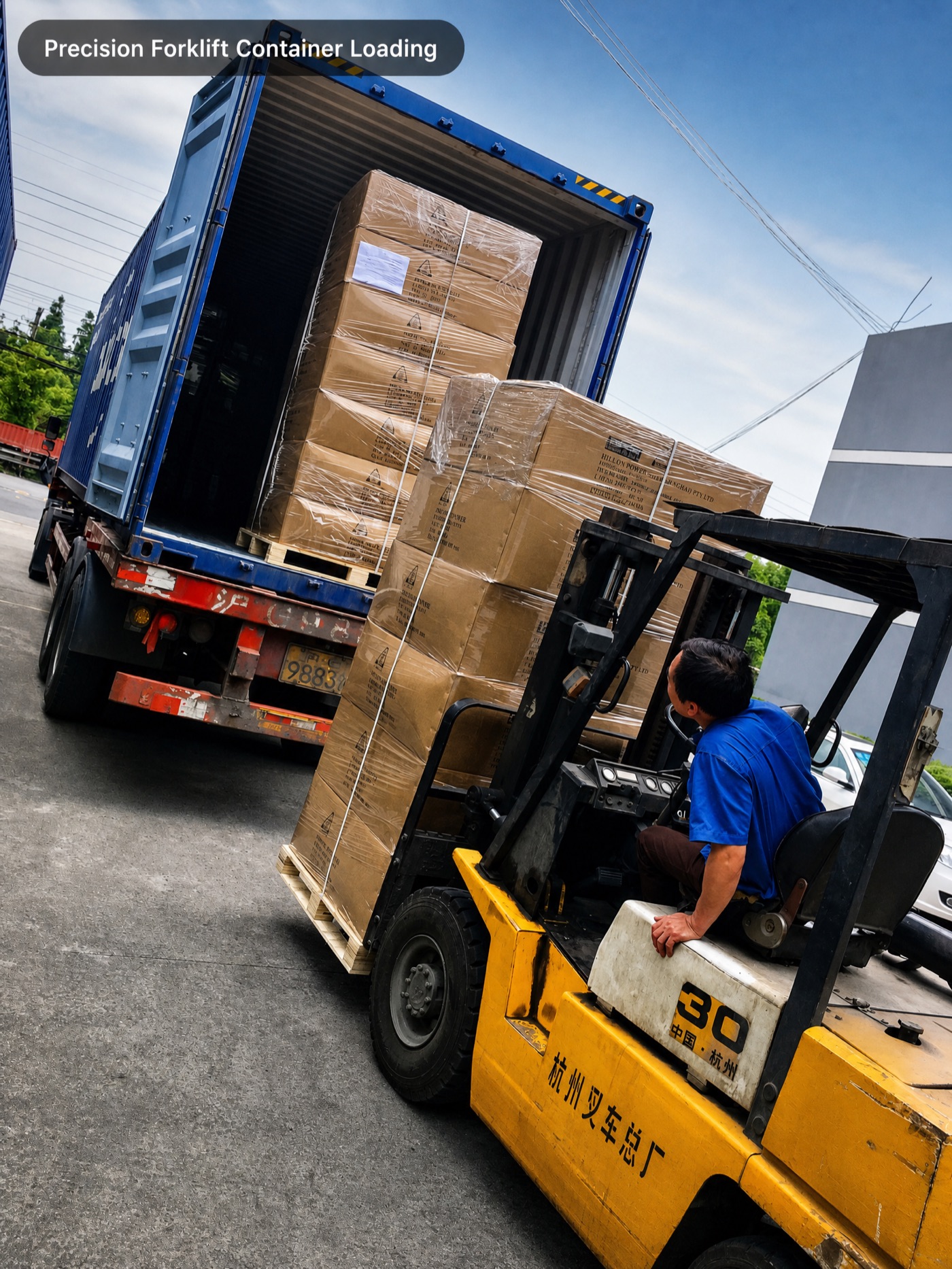Forklift loading wrapped order pallets into an export container