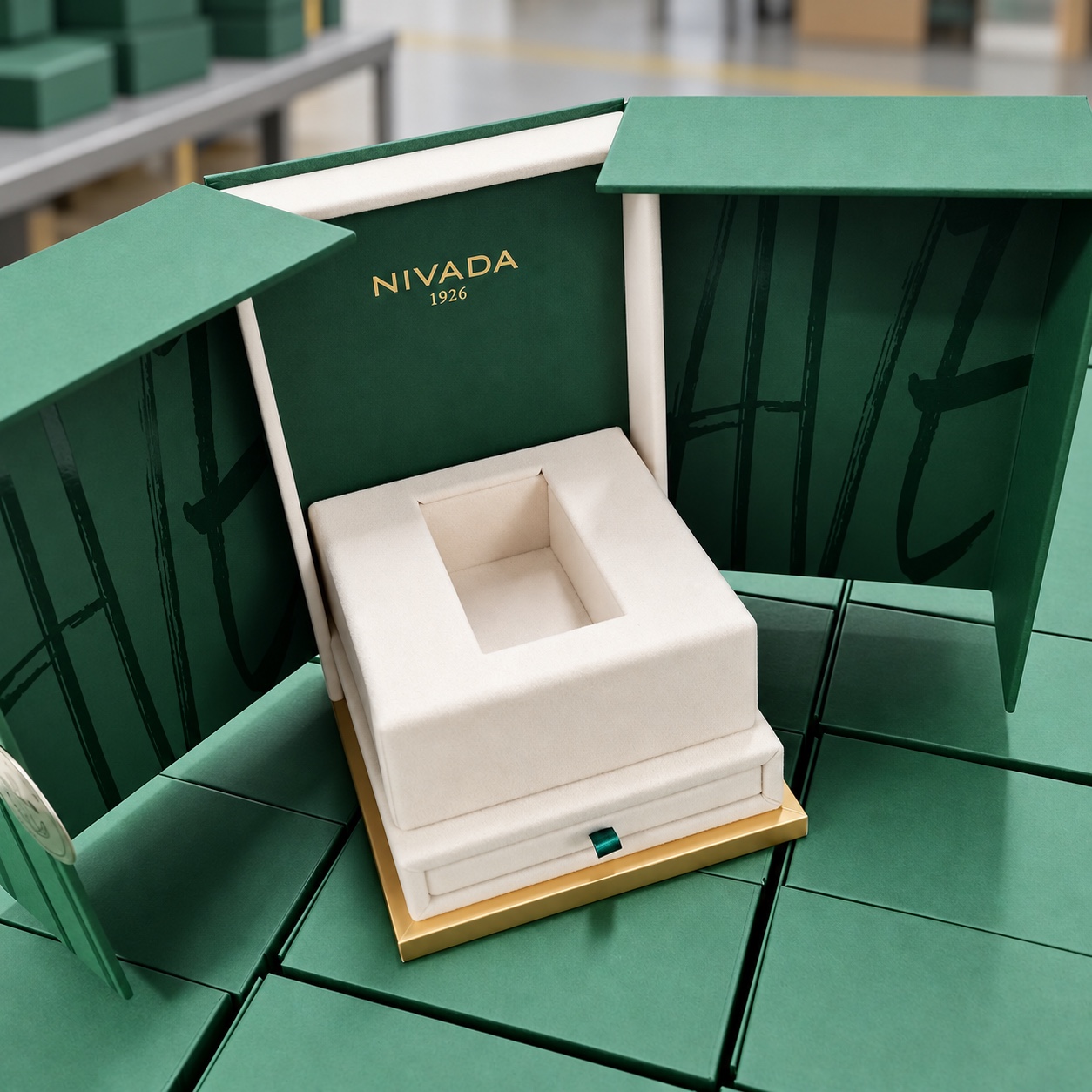 Completed dark green double-door watch presentation box during batch production