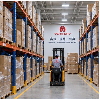 Racked finished-goods warehouse with a forklift