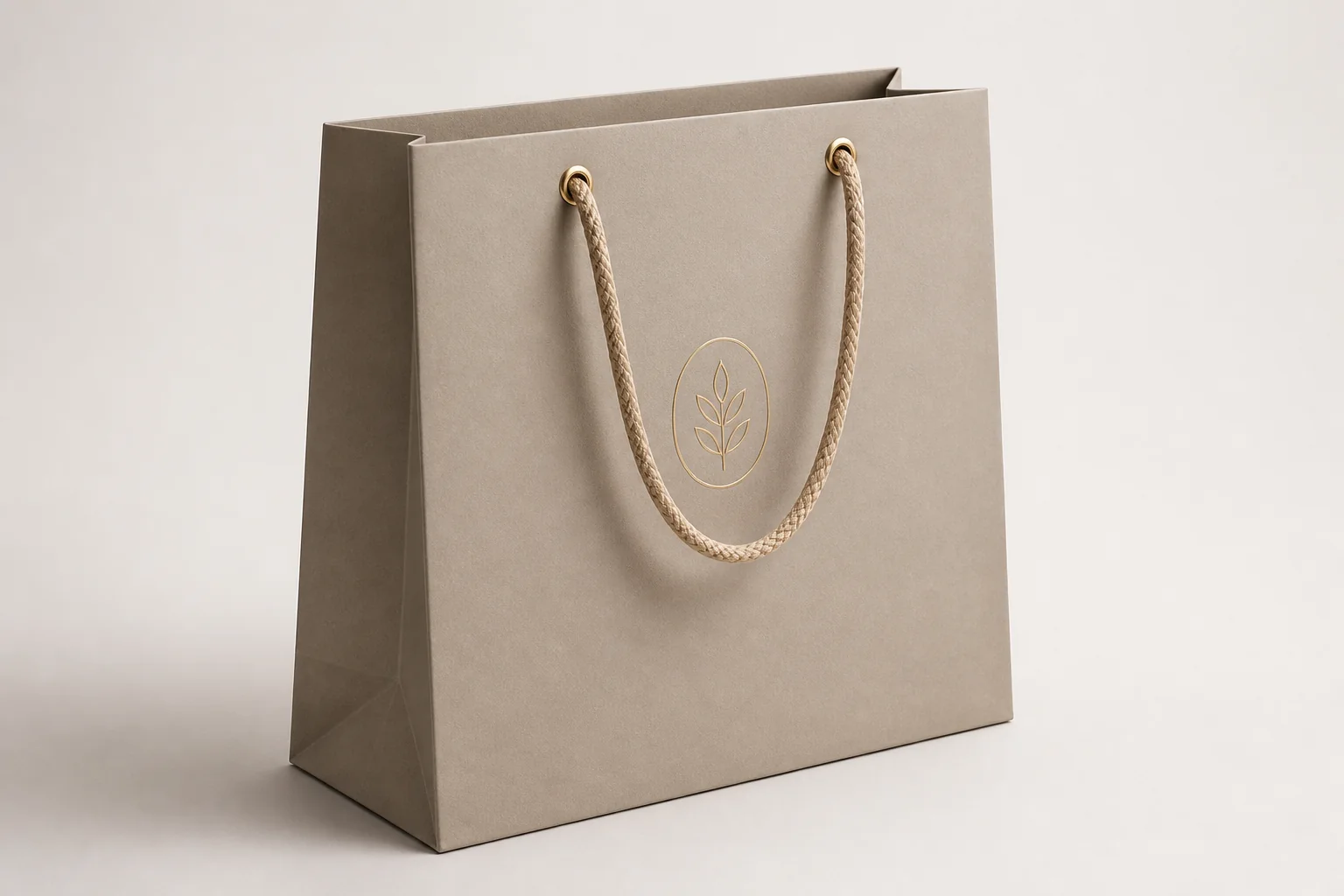 Taupe paper bag with braided rope handles