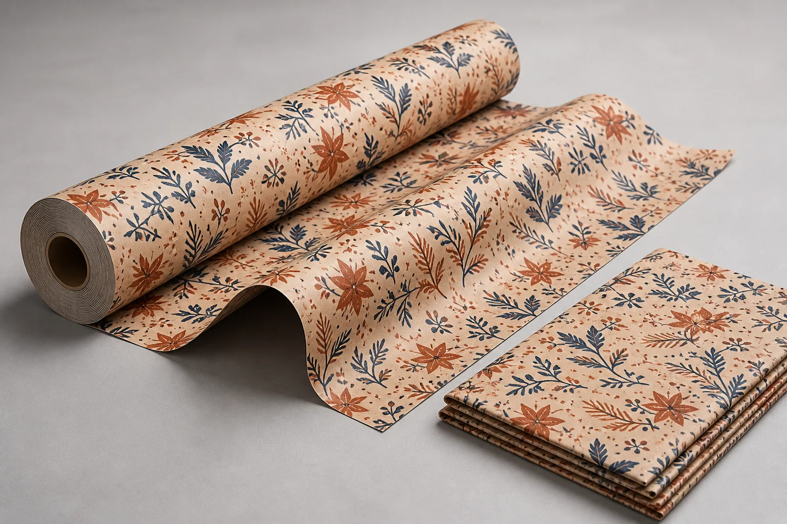 Orange and blue floral gift wrap roll and sheets