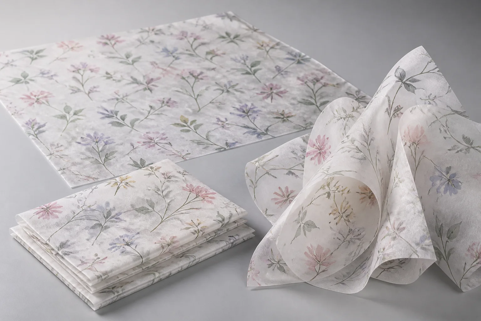 Floral printed tissue sheets stacked and draped