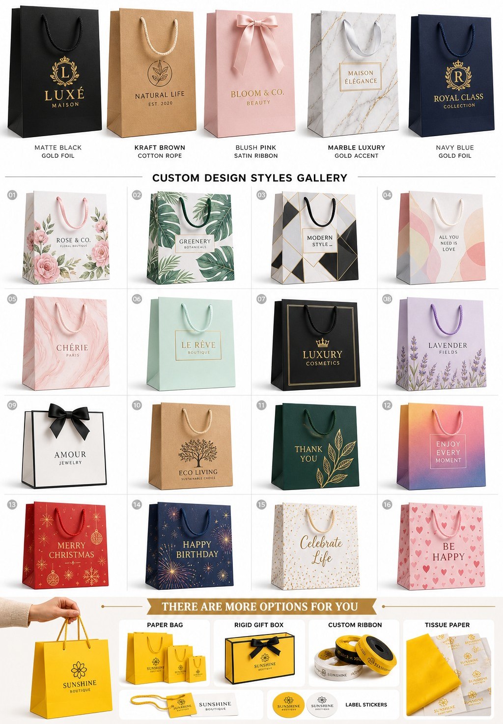 Sample gift bag styles with rope, ribbon and die-cut handles
