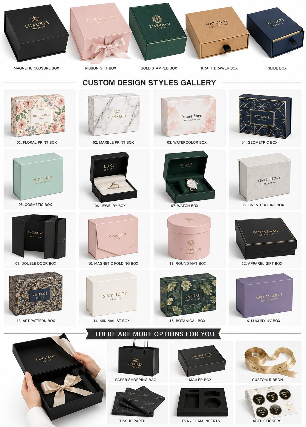 Sample gift box styles — rigid, drawer, round, double-door and folding constructions