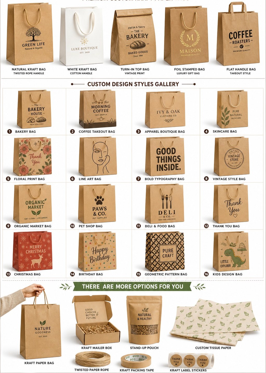 Sample kraft bag styles with twisted rope and flat handles