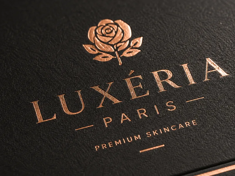 Close-up of copper hot foil lettering on black packaging