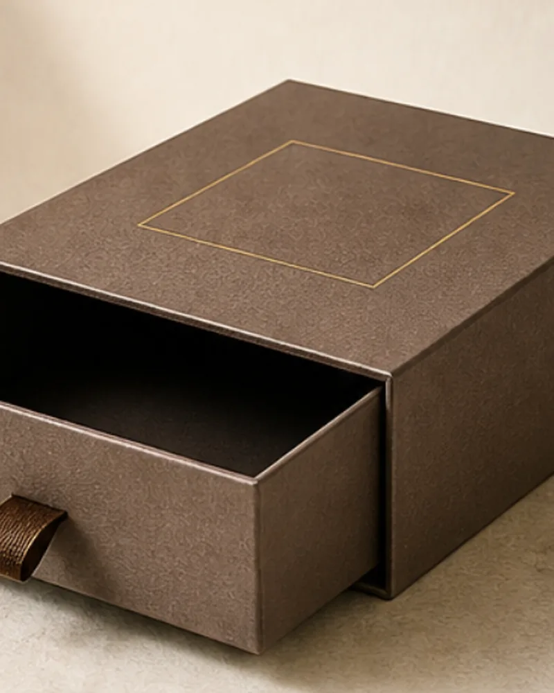 Brown drawer gift box with ribbon pull