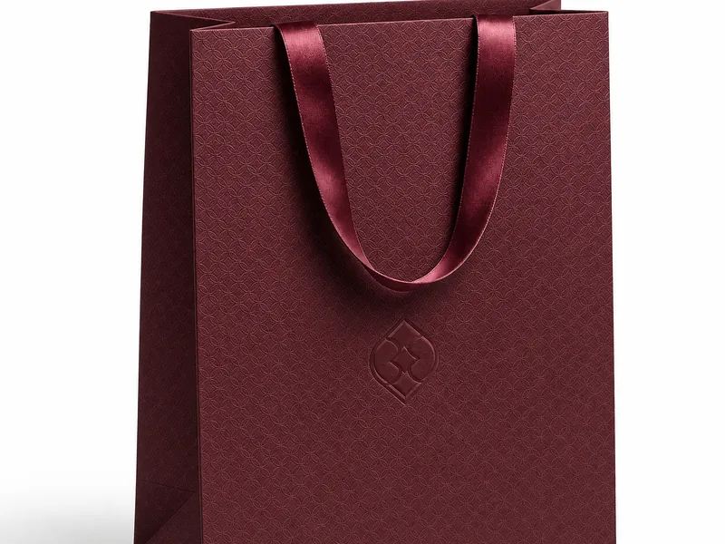 Debossed logo detail on a burgundy textured paper bag