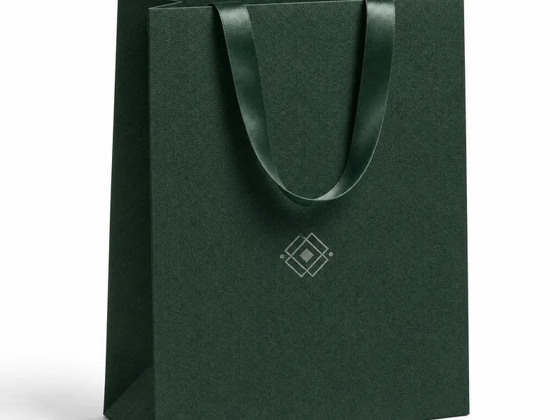 Embossed geometric pattern on a dark green paper bag