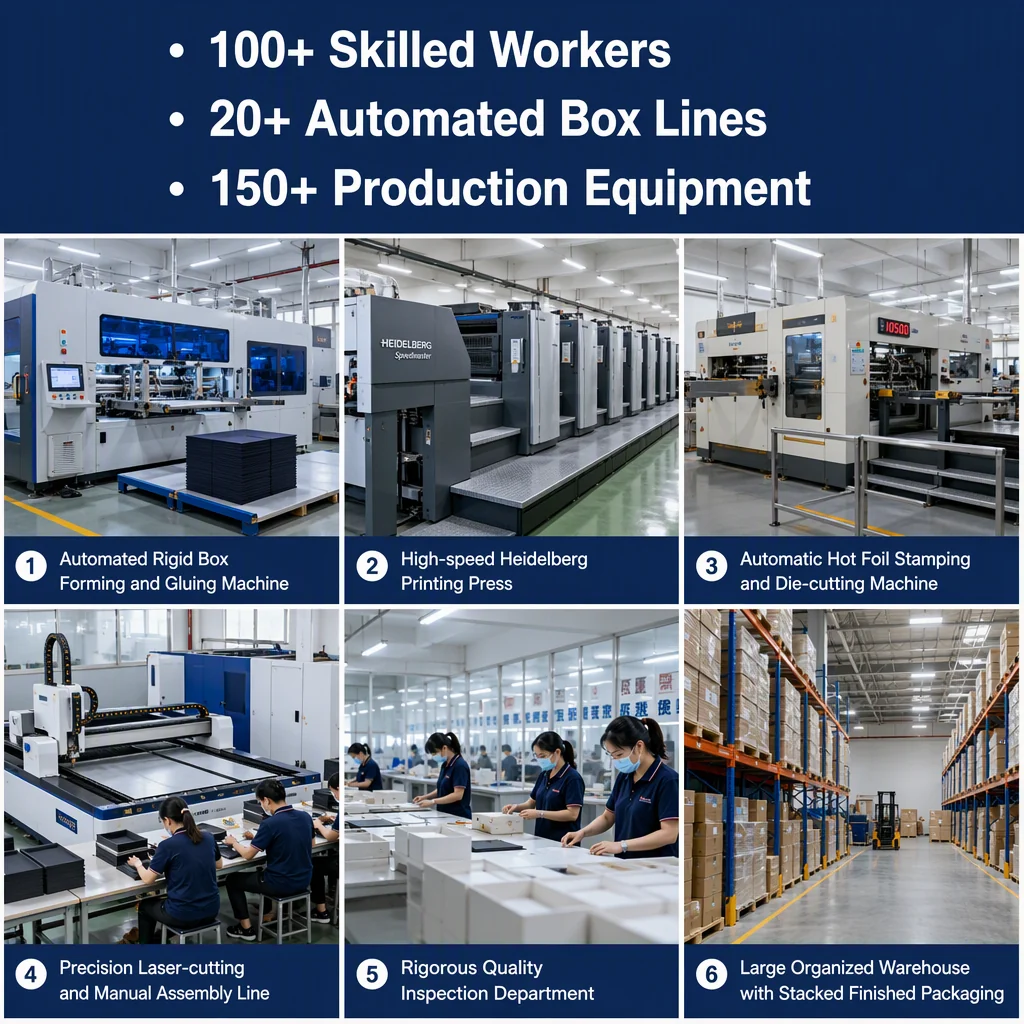 Overview of rigid box production equipment, printing, finishing, assembly, quality inspection and warehouse operations
