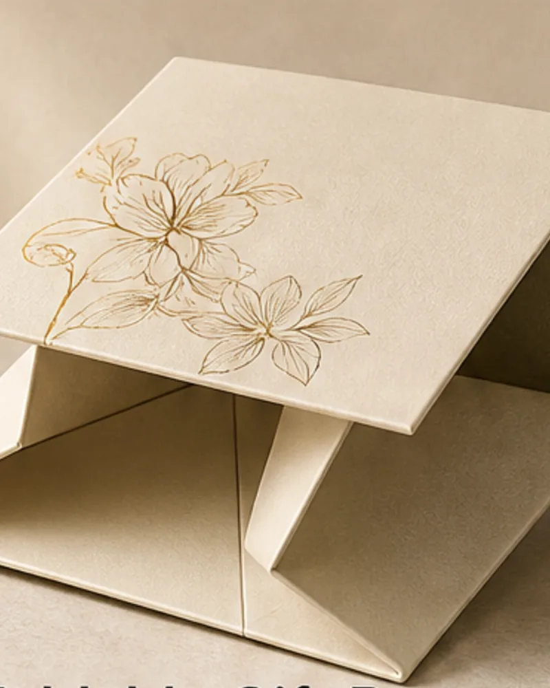 Cream foldable rigid gift box shown partially assembled