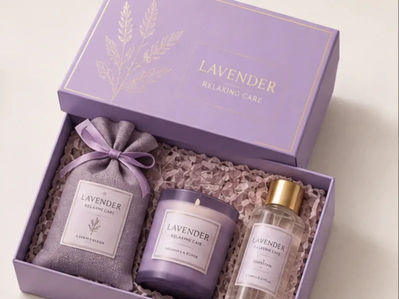 Lavender gift box containing a candle and fragrance bottle