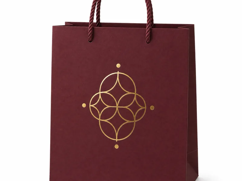 Gold foil geometric detail on a burgundy paper bag