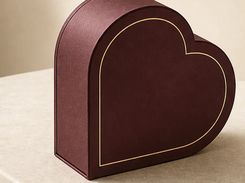 Burgundy heart-shaped gift box with gold edge detail