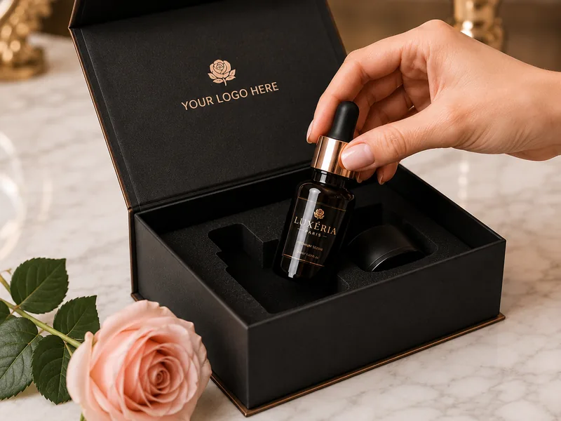 Black rigid gift box with skincare bottle and fitted insert