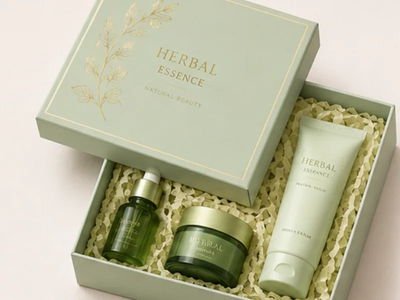 Sage green gift box with three personal care products