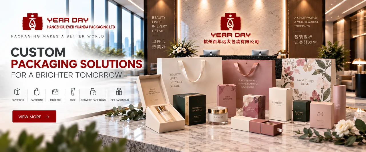 Year Day custom packaging showroom with paper bags, rigid boxes and cosmetic packaging